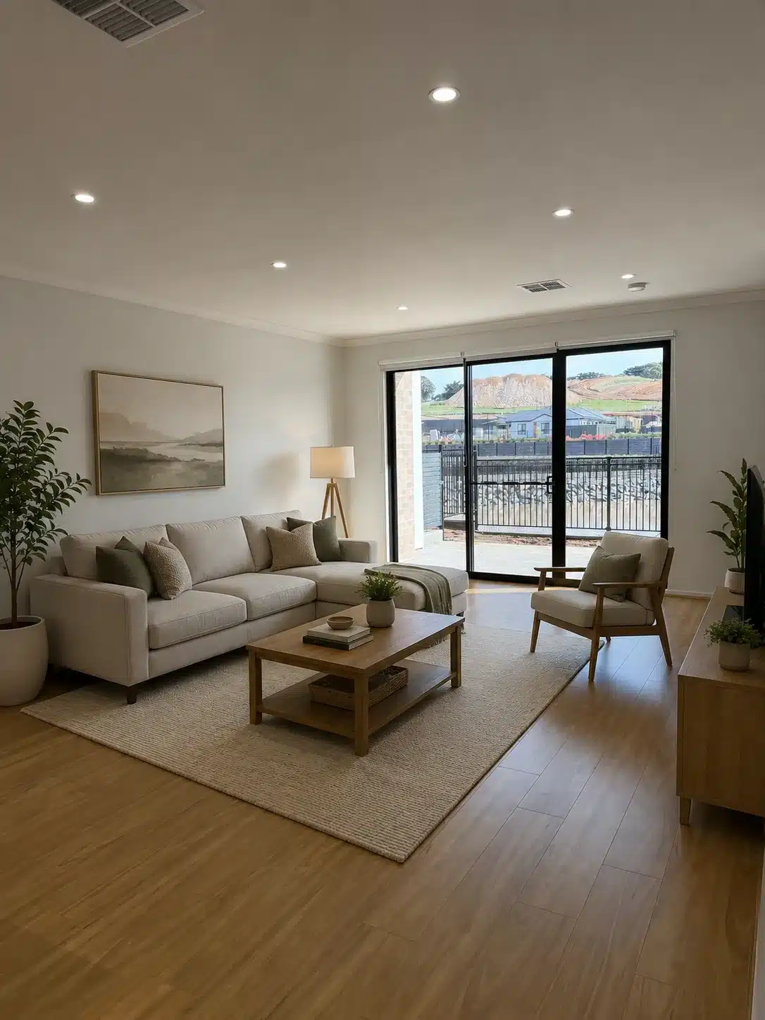 The living/lounge room in the Finch Lane townhouses that has a view of a pond.